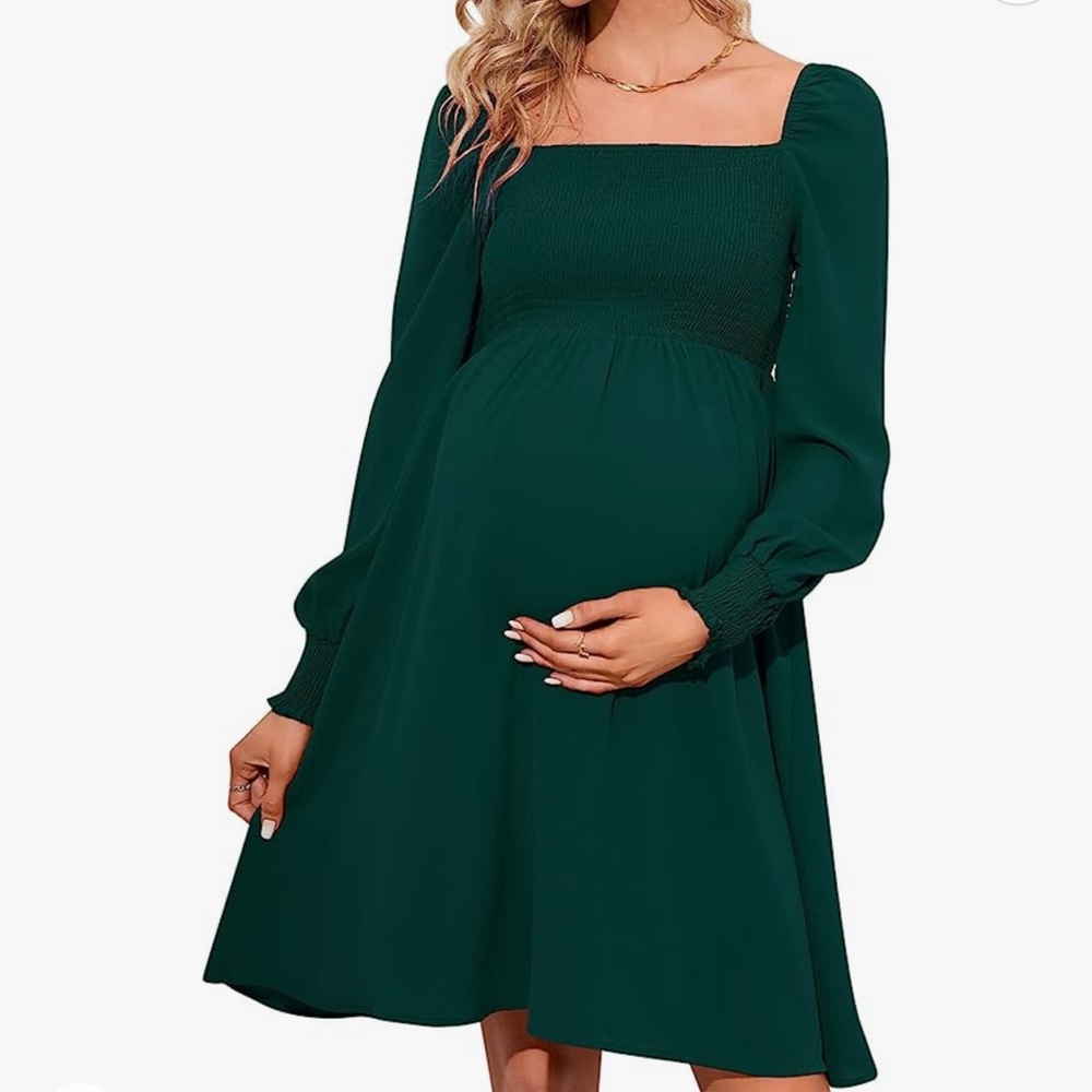 Maternity Dress Summer Women Tie Back Square Neck Puff Sleeve - Medium